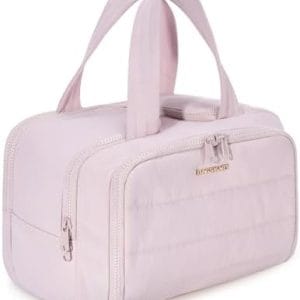 BAGSMART Travel Toiletry Bag, Lightweight Large Wide-open Travel Bag for Women, Puffy Cosmetic Makeup Bag Organizer with Handle for Accessories,Essentials, Toiletries, Pink