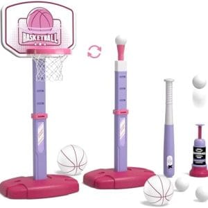 3 in 1 Toddler Basketball Hoop and T Ball Set with Automatic Pitching Machine - Adjustable Height, Kids Basketball Hoop Suit for Indoor/Outdoor, Sport Toys Gifts for Boys Age 3-8, Pink