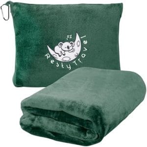 Resty Travel Blanket - Compact Airplane Blanket with Bag - Small and Lightweight Traveling Blanket & Pillow - Portable Blankets with Carabiner for Easy Transport - Plane Train Car (Forest Green)