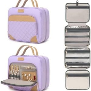 Travel Hanging Toiletry Bag for Women,Jewelry Organizer Compartment,Cosmetic Bag with Hanging Hook for Accessories, Shampoo, Full-size Container,Toiletries,Purple
