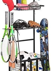 PLKOW Sports Equipment Storage for Garage, Indoor/Outdoor Sports Rack for Garage, Ball Storage Garage Organizer with Basket and Hooks,Toy/Sports Gear Storage