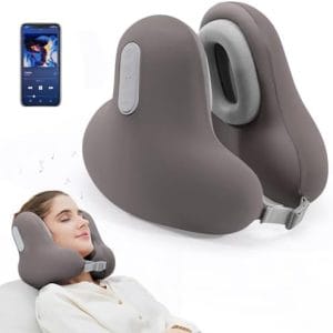 Travel Neck Pillow with Bluetooth Headset,Memory Foam Airplane Pillow for Head Support, Ergonomic Design Traveling Music Pillow for Home,Flight,Car with Adjustable Buckle and Drawstring Bag(Grey)