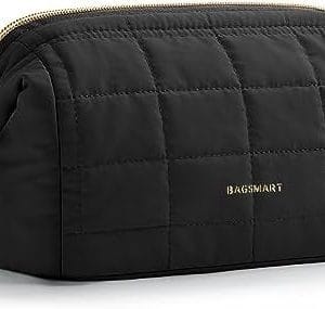 BAGSMART Makeup Bag Travel Toiletry Bag, Puffy Padded Make Up Bags for Women Makeup Organizer Case, Wide-open Pouch Purse Travel Essentials Toiletries Accessories Brushes, Black
