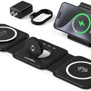UCOMX 3 in 1 Charging Station for Multple Devices,Foldable 3 in 1 Wireless Charger for Travel,Nano Wireless Charging Station for iPhone16 15 14 13 12 Pro Max/Watch 10 9 8 7 6 5 4 3 Ultra/AirPod Pro
