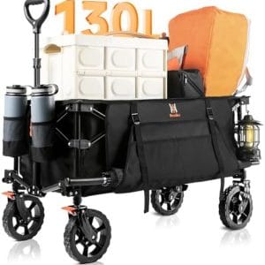 Navatiee Collapsible Folding Wagon, Heavy Duty Utility Beach Wagon Cart with Side Pocket and Brakes, Large Capacity Foldable Grocery Wagon for Garden Sports Outdoor Use, S1