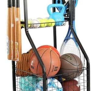 YueTong Sports Equipment Organizer for Garage Organization,Ball Storage With Basketball Holder and Ball Cart Rack,Outdoor Toy Storage with Bin for Nerf Gun,Football,Volleyball Stuf,Gym Accessories