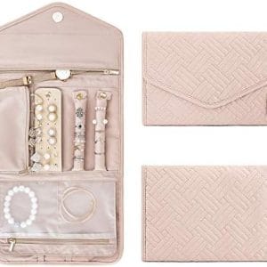 BAGSMART Travel Jewelry Organizer Roll Foldable Jewelry Case for Journey-Rings, Necklaces, Bracelets, Earrings, Soft Pink