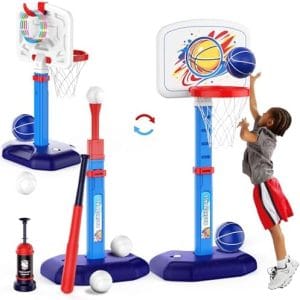 4 in 1 Kids Basketball Hoop and T Ball Set & Ring Toss Game Blue&Pink
