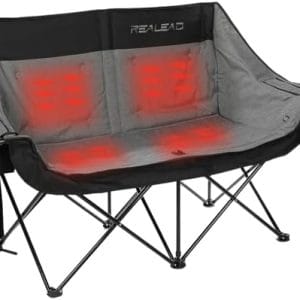 REALEAD Heated Double Camping Chair, 3 Heat Levels and 4 Heating Zones, Portable Heated Loveseat Chair for Outdoor Sports Support 650lbs, Heated Folding Chairs for Outside, Battery NOT Included