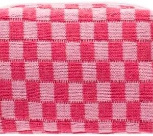PAZIMIIK Checkered Makeup Bag for Purse Portable Zipper Make Up Pouch Small Cosmetic Case for Travel Accessories (Hotpink)