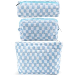 ZLFSRQ 3Pcs Checkered Makeup Bag for Women Large Cosmetic Bag Set Travel Toiletry Bag Makeup Pouch Bag for Purse Blue Zipper Storage Bag Organizer Cute Small Aesthetic Girls Car Essentials Bag