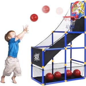 AOKESI Arcade Basketball Game Set for Kids, Toddler Basketball Hoop with 4 Balls Indoor and Outdoor Sports Toys Gifts for Boys Girls Aged 3-4 5-6 7-12 Years Old Adjustable Height Stand
