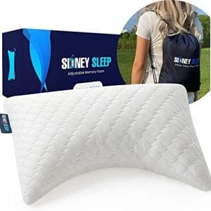 Sidney Sleep Mini Travel Size Neck Pillow - Knee Pillow - Back Lumbar Support - Curved Travel Pillow - 14 x 19 Inches - Adjustable Loft - Washable - Drawstring Backpack Included