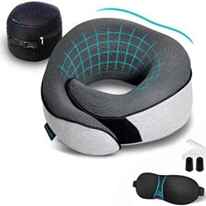 Travel Neck Pillows for Airplanes, Sleeping Essentials for Long haul Flights, 360° Head Support, Car and Airplane Kit with 3D Contoured Eye Mask, Earplugs and Luxury Mesh Bag (Adult, Grey)